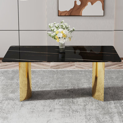 Table de salle à manger en verre noir avec pieds en métal doré, 71 po x 39,3 po x 29,5 po, élégante et polyvalente pour les restaurants, les salons, les présentoirs, les réunions de famille, bureau moderne 71 po x 39,3 po x 29,5 po, café, présentation