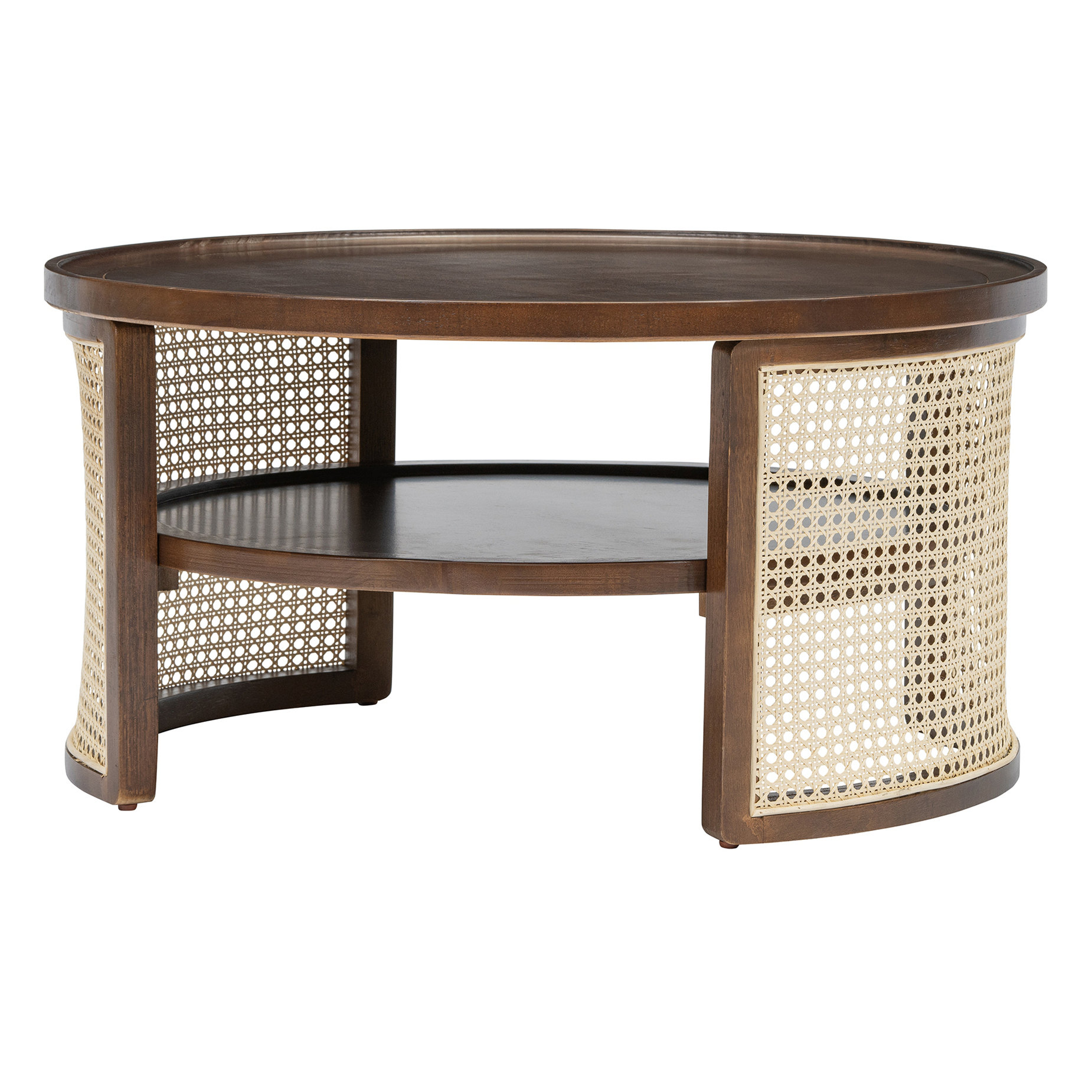 2-Tiered Round Natural Wood Coffee Table with Storage Rattan Base in 31.3'' main image 1