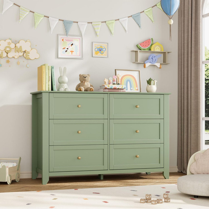 6-Drawer Dresser with Lacquer Finish & Metal Knobs, Large Modern Wood Chest for Bedroom, Entryway, Hallway