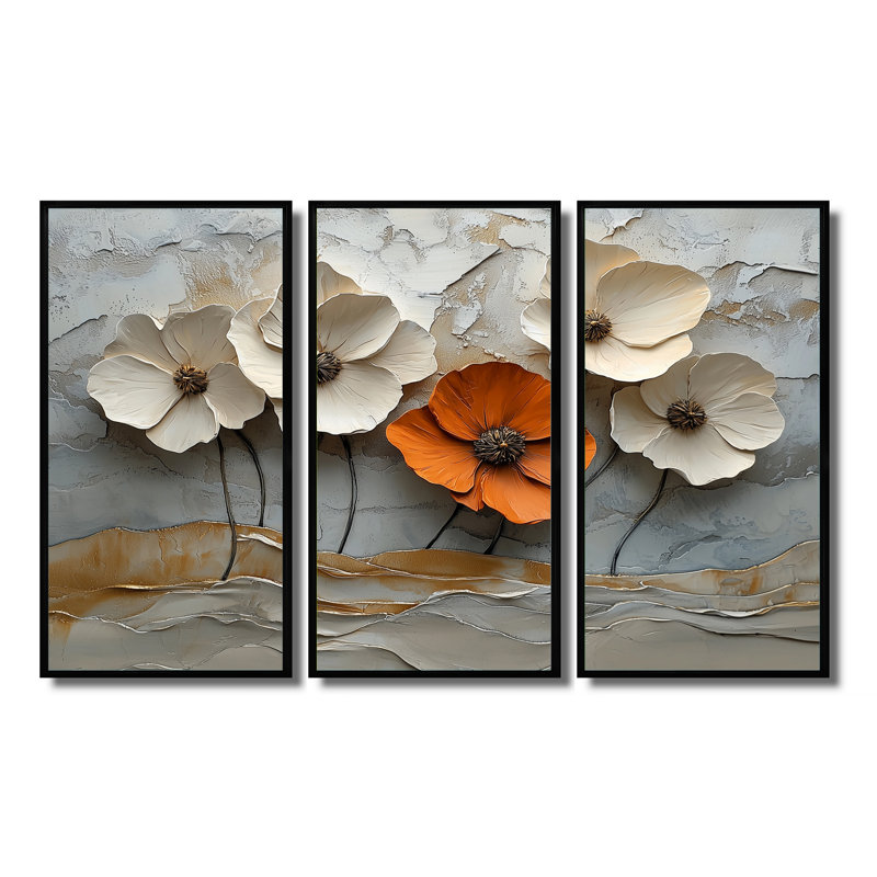 Blanc et orange, coquelicots en fleurs - coquelicots, art mural pour le salon - ensemble de 3, H 28 po x l 36 po, Noir