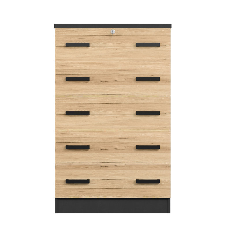 Basurto 5 Drawer Chest Wooden Dresser with Lock, Dark Gray & Natural Oak