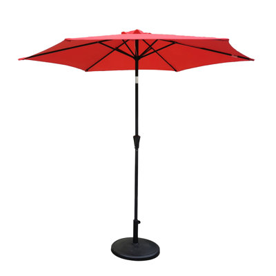 Parasol d'extérieur en aluminium 8,8 pieds, parasol de marché, parasol de marché avec base ronde en résine de 42 livres, inclinaison à bouton-poussoir et manivelle