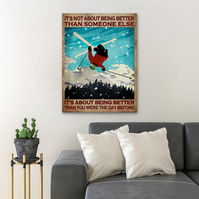 «Man Skiing Under Blue Sky - It's Not About Being B Value N'applique pas», impression sur toile tendue