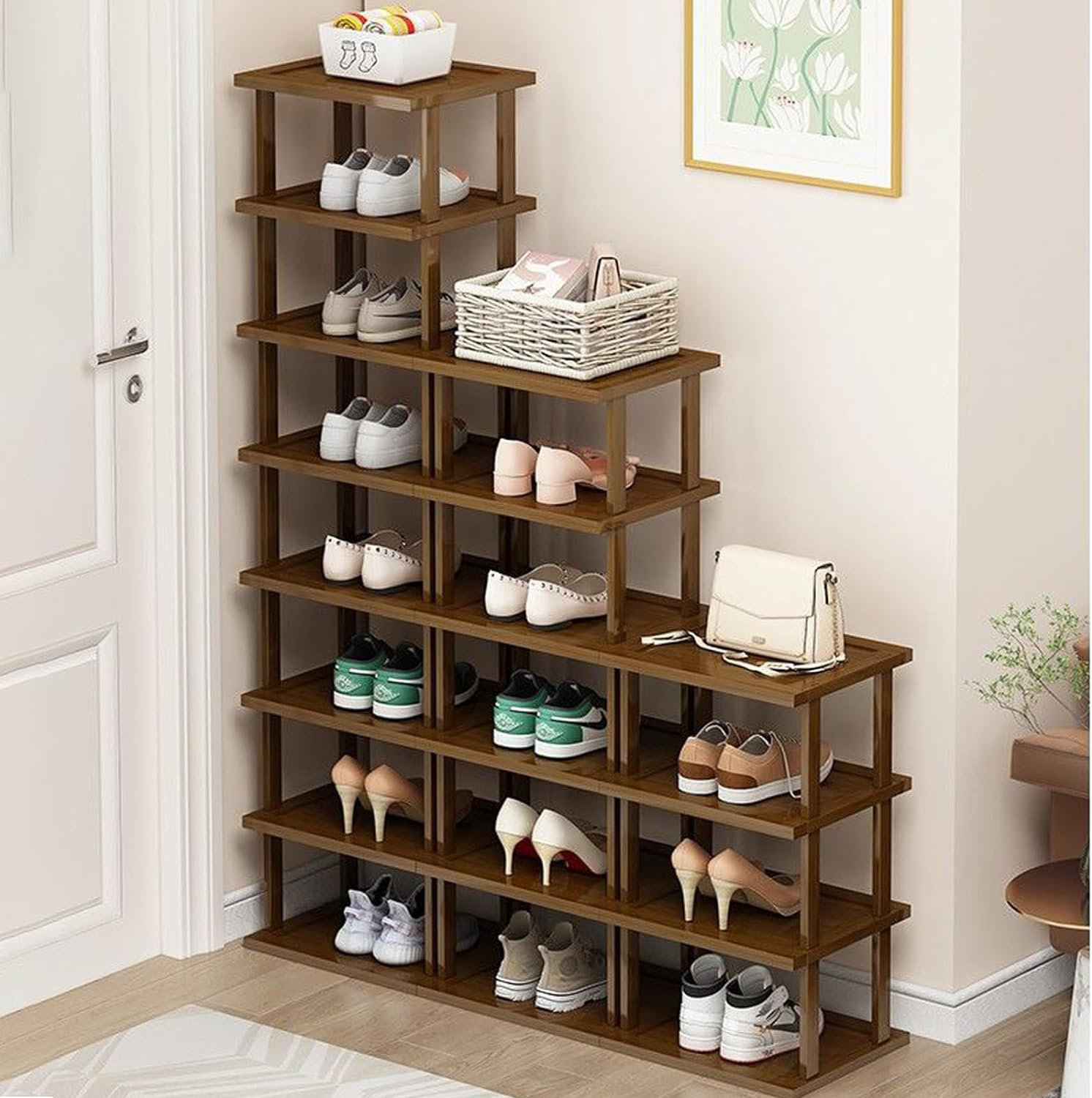 Étagère à Chaussures,meuble à Chaussures étroit Vertical à 8 étages,en Bois, Etagère De Rangement D'angle, 23*25*134cm - Maison