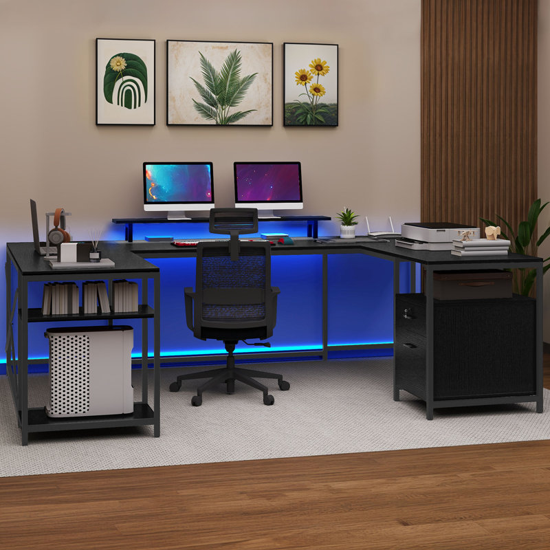  78.7'' U Shaped Reversible Desk With Power Outlets, LED Lights & Monitor Stand, Black/Gray