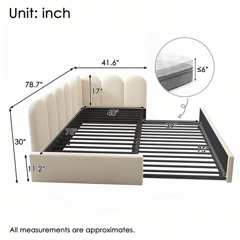 Velvet Upholstered Bed Daybed With Pull-Out Bed, Beige