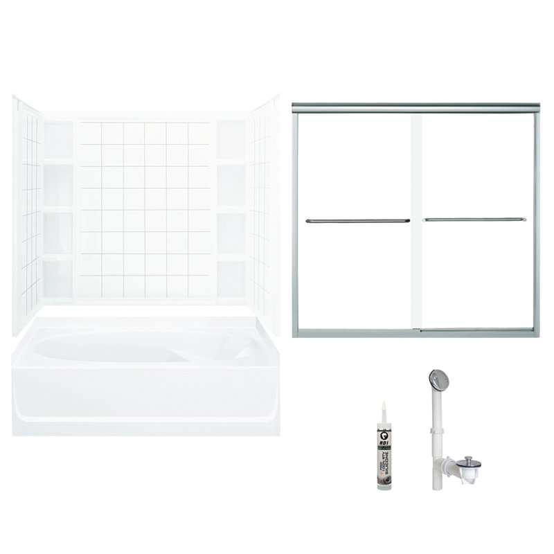 60" W x 72" H Frameless Rectangle Sliding Tub & Shower Kit with Towel Bar and Base Included, Silver