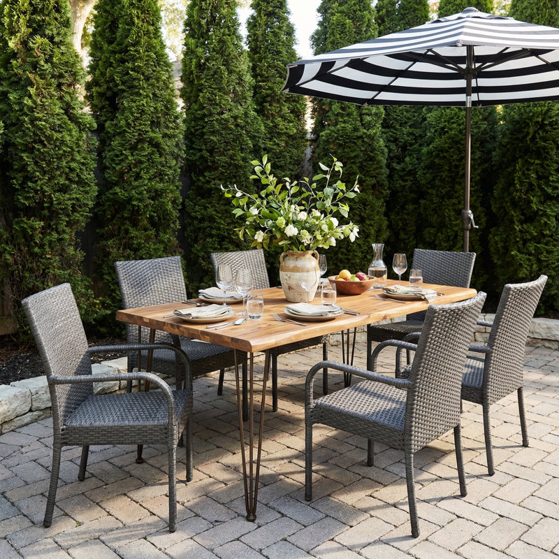 Vikesha 7-Piece Modern Rustic Industrial Acacia Wood And Metalpatio Dining Set With Stackable Wicker Chairs, Gray Wicker