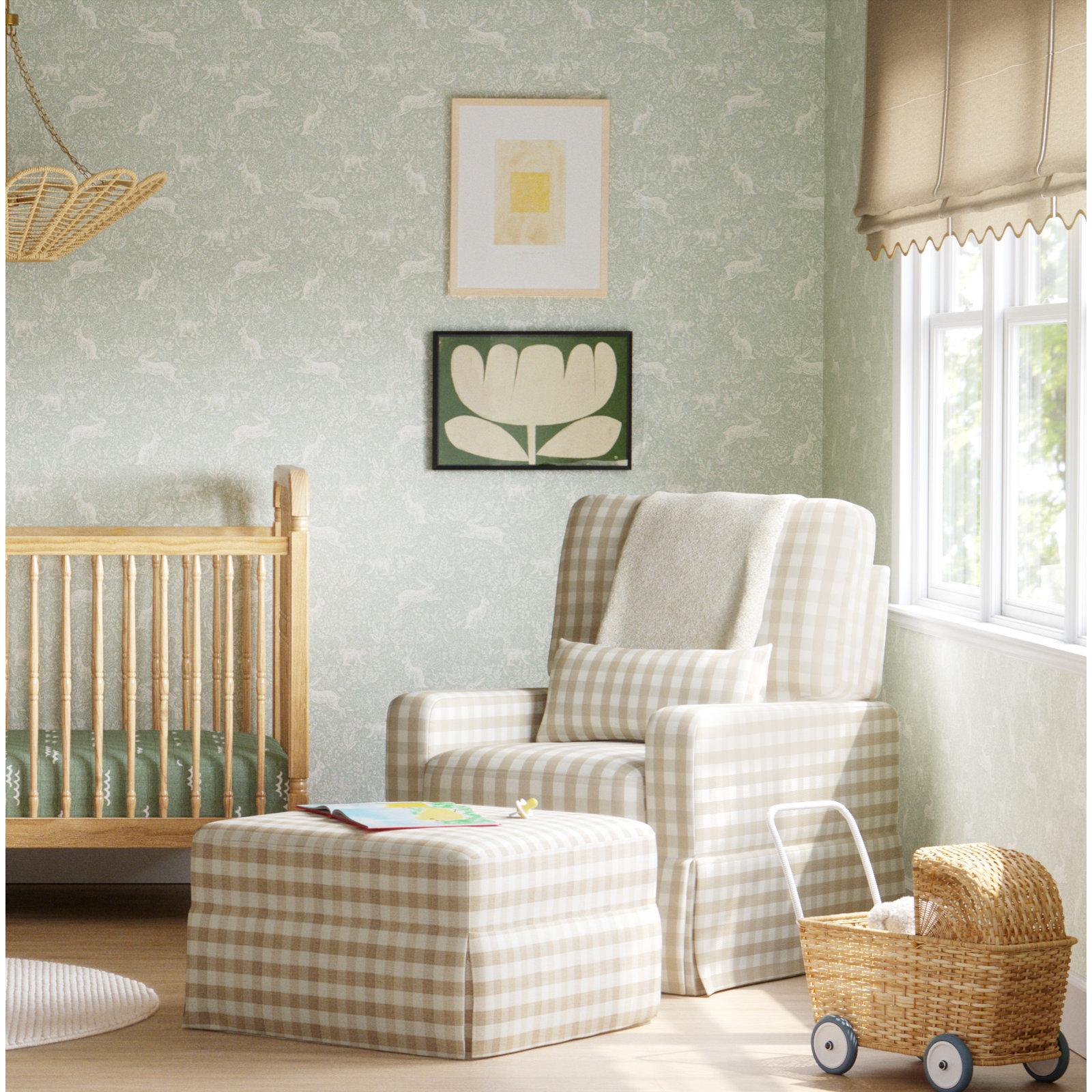 Crawford Upholstered Ottoman, Tan Gingham
