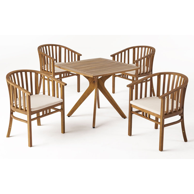 Sheard 4 - Person Acacia Wood Patio Dining Set with Square Table , Cushions Included, Teak Frame / Cream Cushion