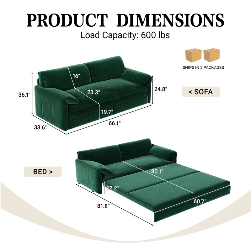 66.1" W Convertible Sofa Bed 3-in-1 Velvet Pull Out Couch Loveseat Queen Size Sleeper With Side Pocket, Green Velvet