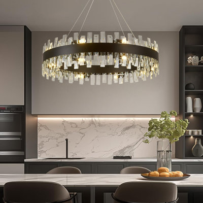 31.5 Inch Black Dimmable Round K9 Crystal Chandelier with Adjustable Height for Dining Room Kitchen Bedroom
