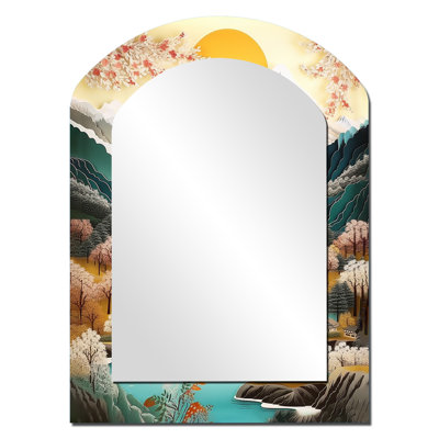 Snow Covered Mountain Peaks I - Japan Asymmetrical Decorative Wall Mirror, Traditional Arch Mirror, Printed Metal Art