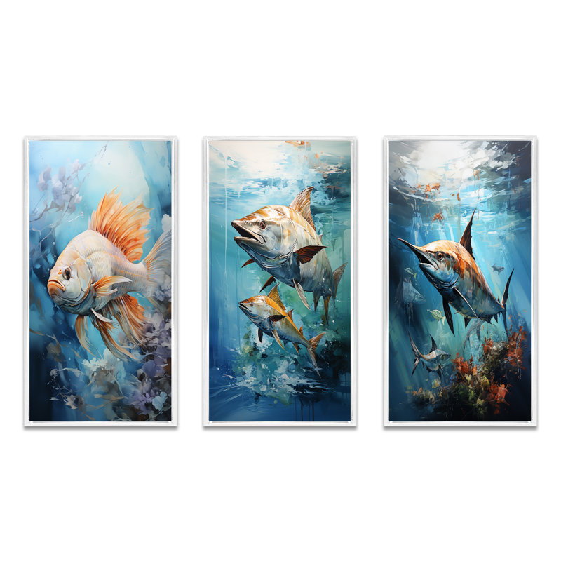 «Fishing Majestic Catch», 3 pièces sur toile, Cadre blanc, H 28 po x l 36 po