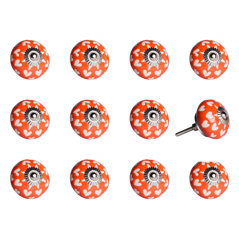 Ensemble de douze poignées de tiroir en céramique florales orange, blanches et argentées