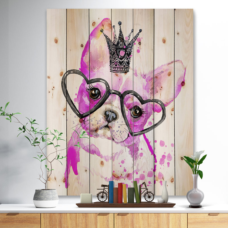 Mignon chien rose avec des lunettes en forme de cœur - reproduction d'art, H 40 po x l 30 po x P 1,5 po, Bois