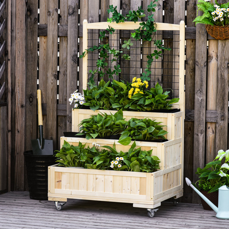 3 lits de jardin surélevés avec treillis, pot à fleurs vertical H 53 po, rangement arrière pour treillis de culture de fleurs, de légumes et d'herbes - 3 fleurs, légumes, roues en bois massif d'herbes et surface offerte