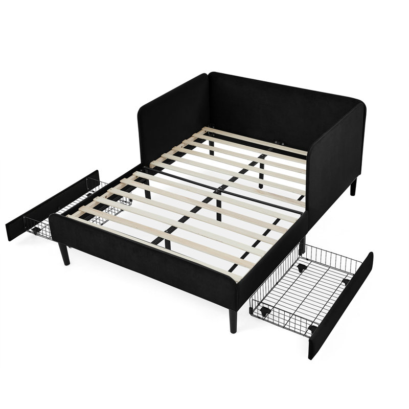 Black Full Size Upholstered Platform Bed Frame – Adjustable Velvet Sofa Bed With 2 Rolling Storage Drawers, Reinforced Plywood/mdf Frame (300lbs Max Capacity)