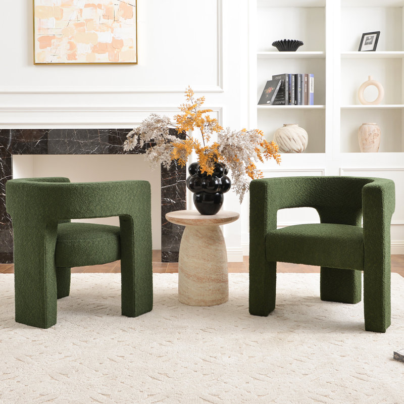 Brodee Boucle Upholstered Square Armchair (Set of 2), Green Polyester Blend