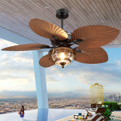 Ventilateur de plafond à 5 pales 52 "avec feuilles tropicales 52" avec lumière et télécommande