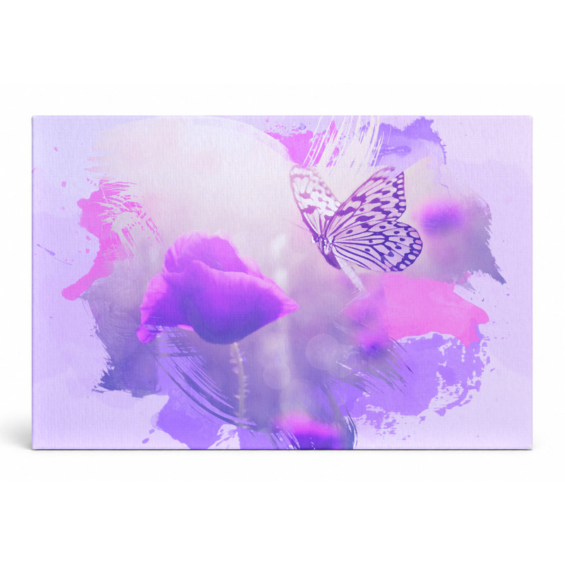 Papillon et coquelicots mauves - paysage, art mural sur toile, 14" W x 11" H
