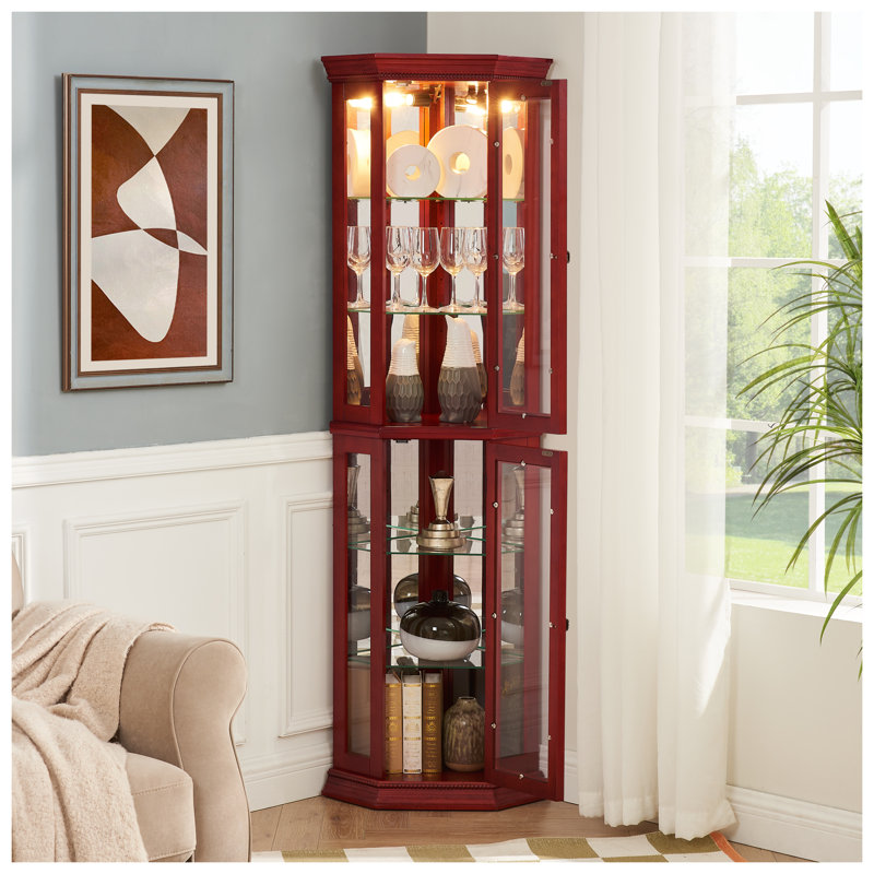 Vitrine de coin lumineuse avec portes en verre trempé - étagère en verre cerisier avec tablettes réglables et ampoule à billes