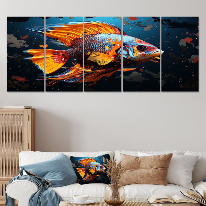 «Orange Pop Art Fish Marine Burst I 5 pièces» - 5 pièces, H 32 po x l 80 po