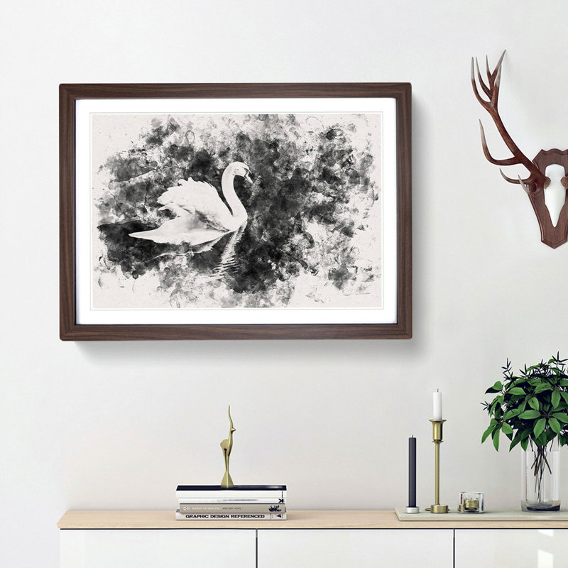 Swan - Picture Frame Graphic Art Print, 45cm H x 63cm W x 2cm D, Walnut Framed