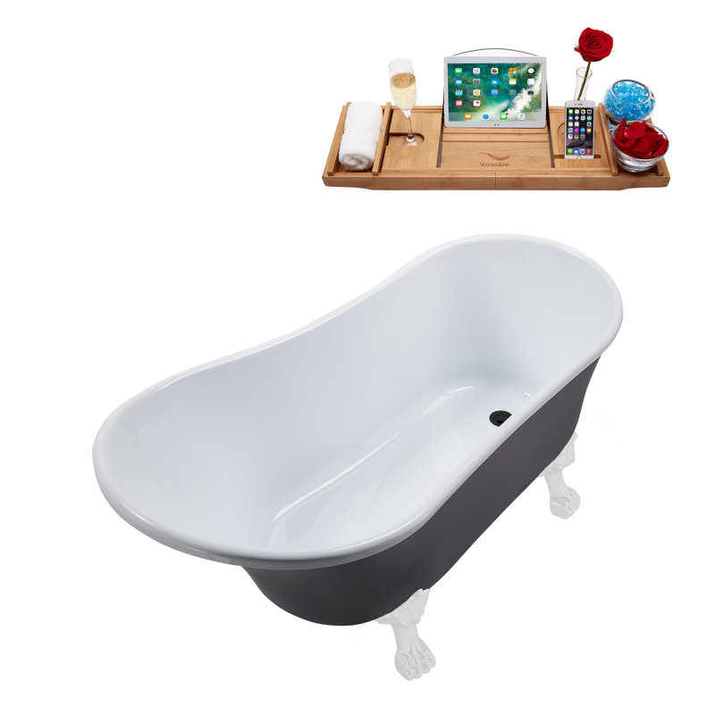 55" Streamline Clawfoot Soaking Acrylic Bathtub With Drain, Clawfeet, and Bamboo Tray, Matte Black, Glossy White