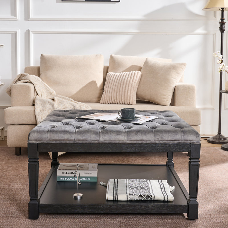 35" Square Velvet Tufted Cocktail Ottoman Coffee Table - Upholstered Storage Ottoman, Grey