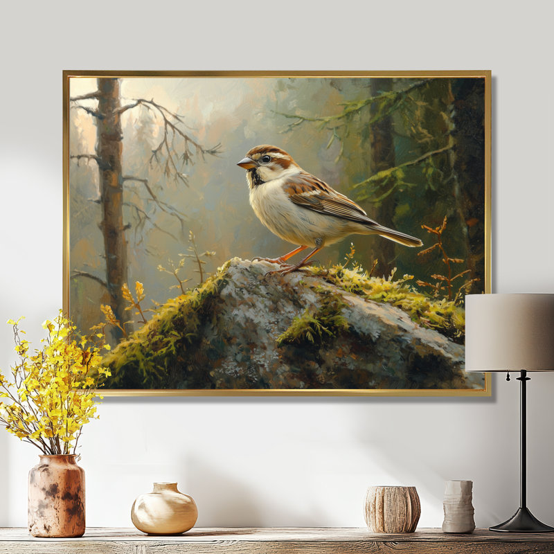 Oiseau moineau sur un rocher de forêt II - art mural oiseau pour le salon, H 24 po x l 32 po, Cadre flottant, Doré