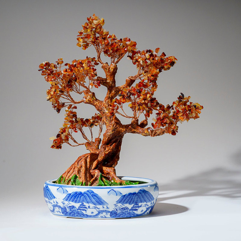 Genuine Carnelian Gemstone Bonsai Tree In Oval Ceramic Pot (15€ Tall)