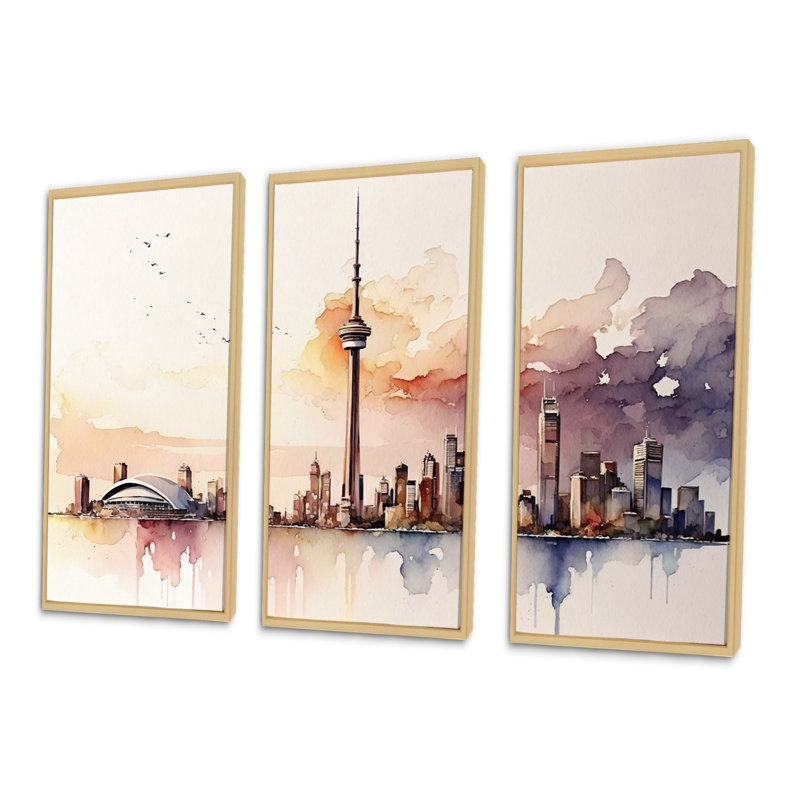 Toronto Skyline VII - 3 pièces sur toile, H 28 po x l 36 po x P 1 po, Cadre naturel flottant