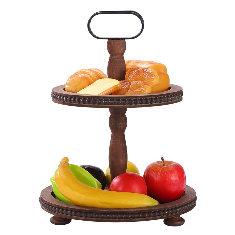 Wooden Decorative Tray Two Tiered Tray Decorations Round Serving Tray With Metal Handle, Wooden Cupcake Stand For Party Tiered Dessert Stand - Dark Brown
