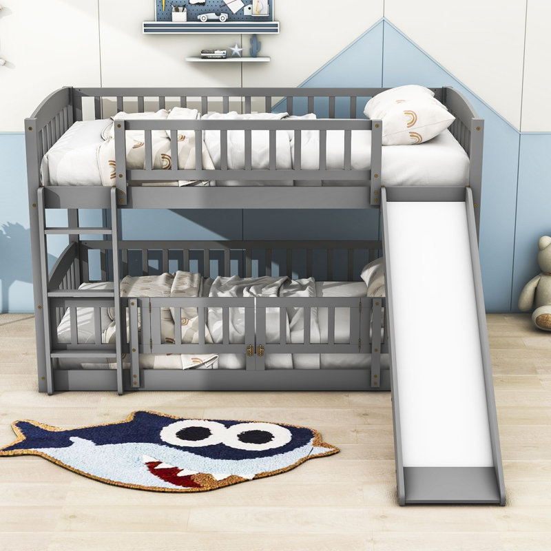 Harveen Wooden Bunk Bed with Slide and Fence by Harriet Bee, Gray, Twin over Twin