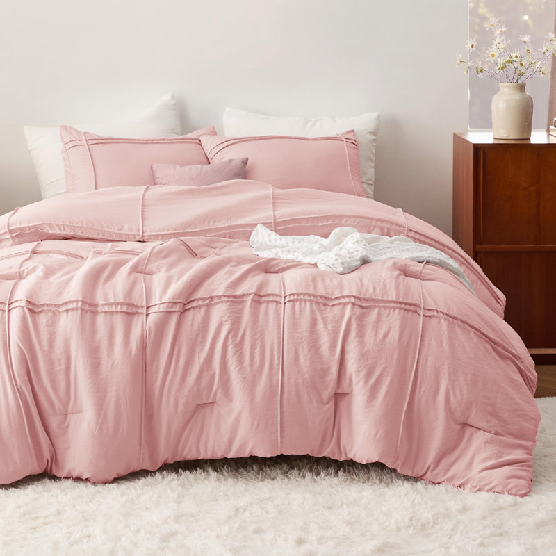 Bedsure Prewashed Pinch Pleat Bedding Sets, Light Pink, Twin Comforter + 2 Additional Pieces