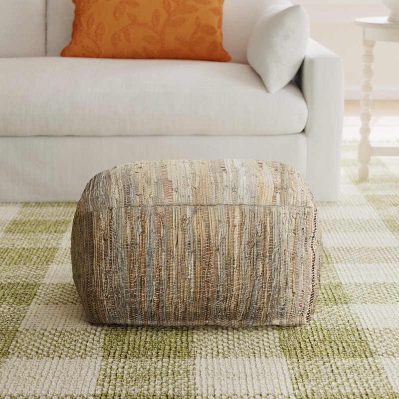 Carden Leather Pouf, Cream Genuine Leather