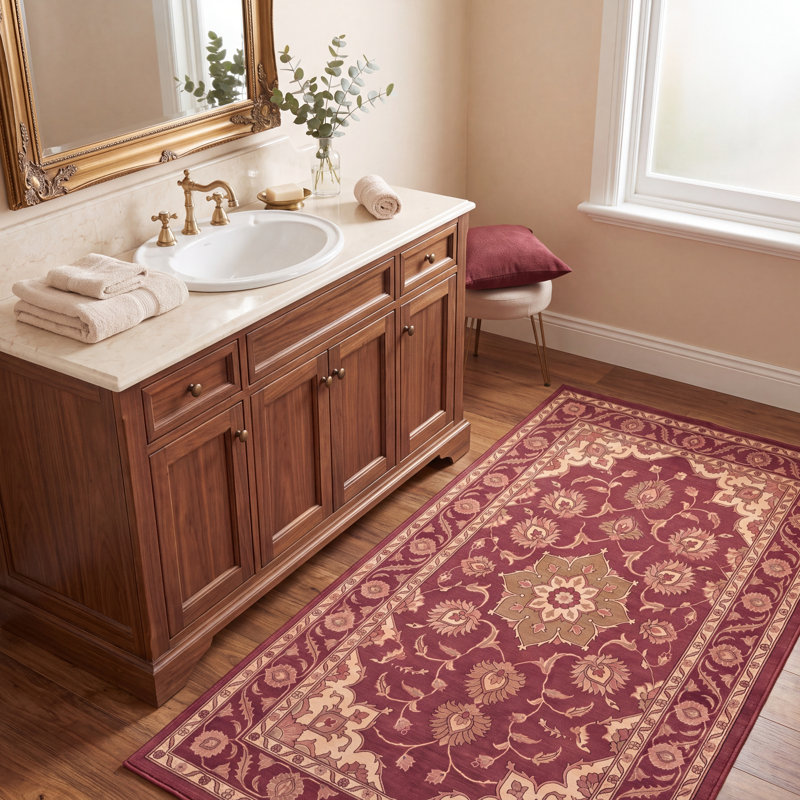Tapis Hollow2 traditionnel persan audacieux, bordeaux, cuivre, vert, crème, rose, lavable en machine, antidérapant, à poils courts, pour l'intérieur et l'extérieur, adapté aux animaux domestiques, idéal pour le salon, la chambre, la salle à manger, l'entrée, le couloir ou le bureau.