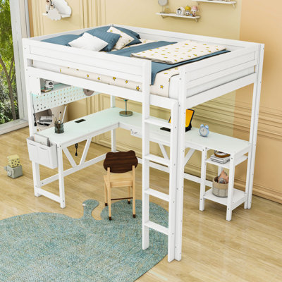Lit mezzanine double avec bureau, tablettes, DEL et station de charge