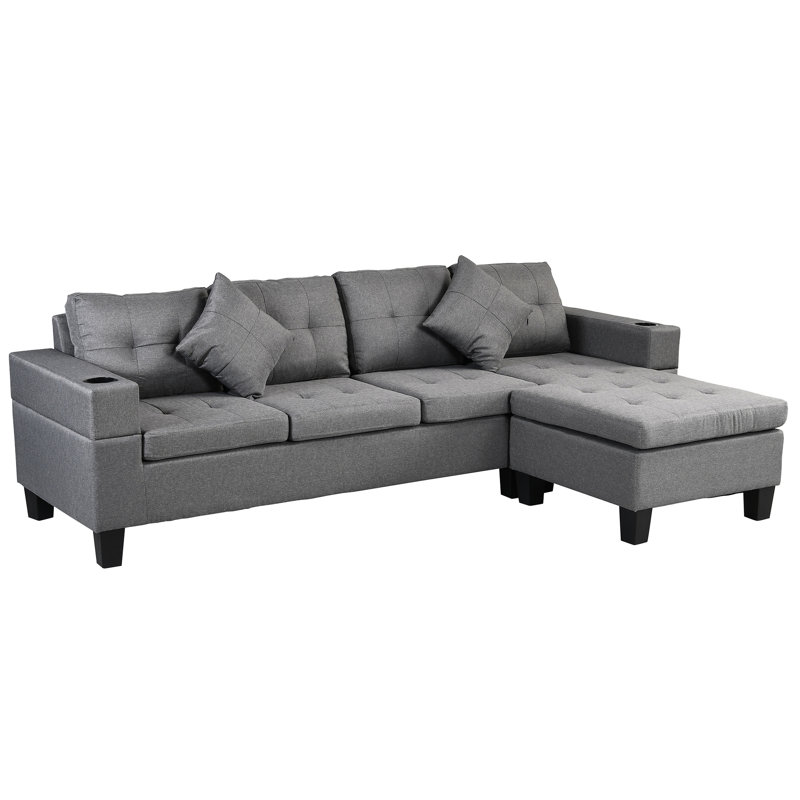 Canapé modulaire 4 places en faux lin gris avec méridienne et porte-gobelet pour le salon intérieur 4 salons, 2 coussins