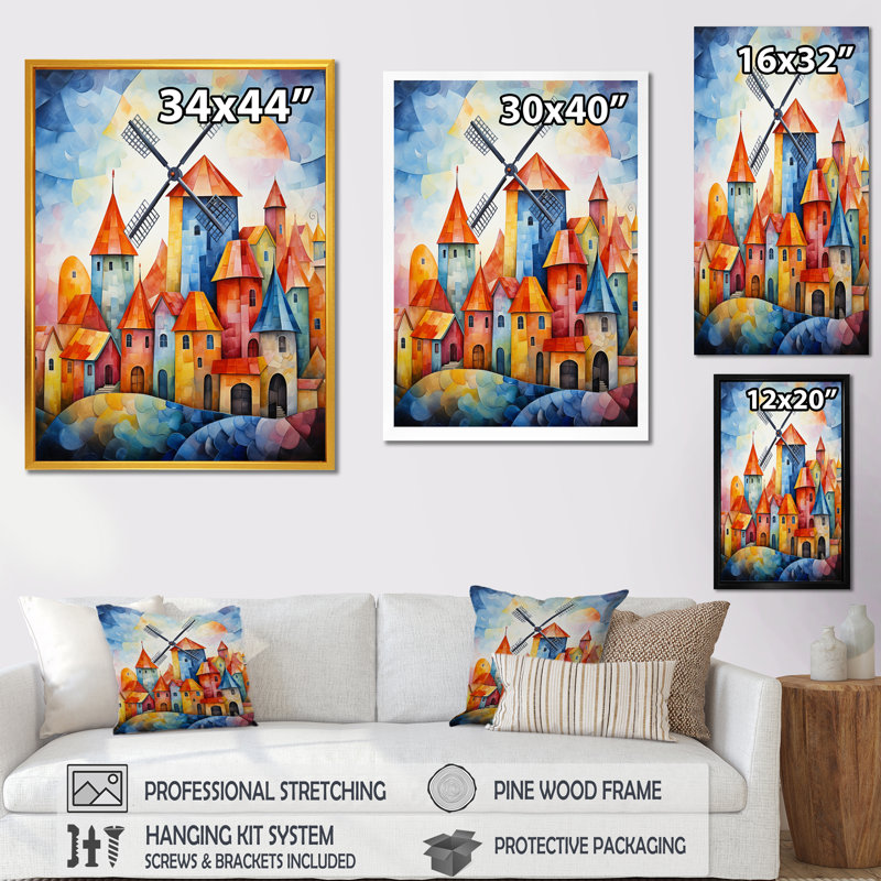 «Colorful Windmill Village II - Wind Turbines», art mural, H 20 po x l 12 po x P 1 po, Cadre simple noir