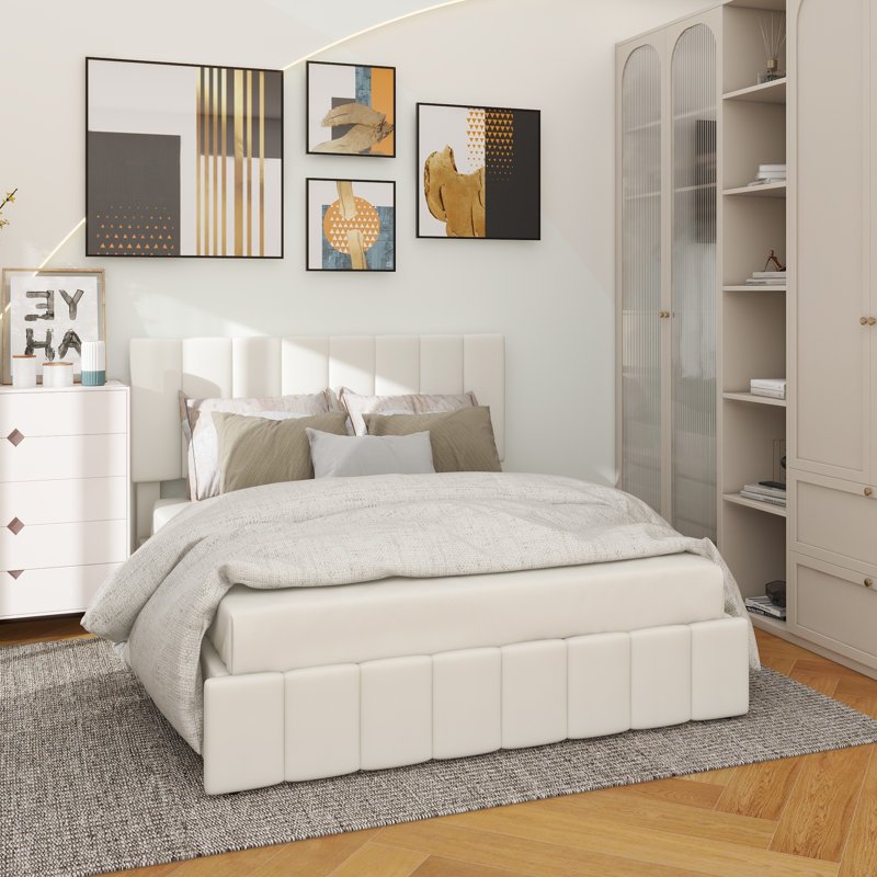 Upholstered Linen Standard Bed, Full, Beige