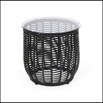 Table d'appoint en rotin Boho avec plateau en verre trempé, parfaite pour la décoration extérieure