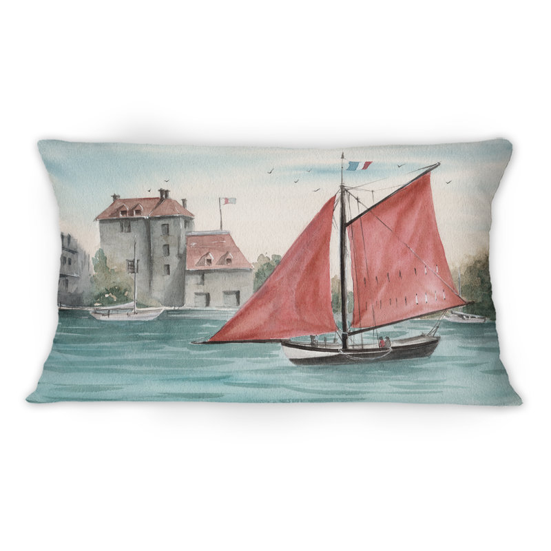 Paysage de remblai avec un voilier - Coussin décoratif imprimé nautique et côtier 1