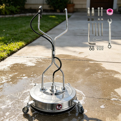 Accessoire de nettoyeur de surface pour laveuse à pression 20 po, acier inoxydable 4600 PSI - poignées doubles, 4 roues - pour entrée en béton, trottoir, patio et terrasse - argent, sans prise, gants inclus