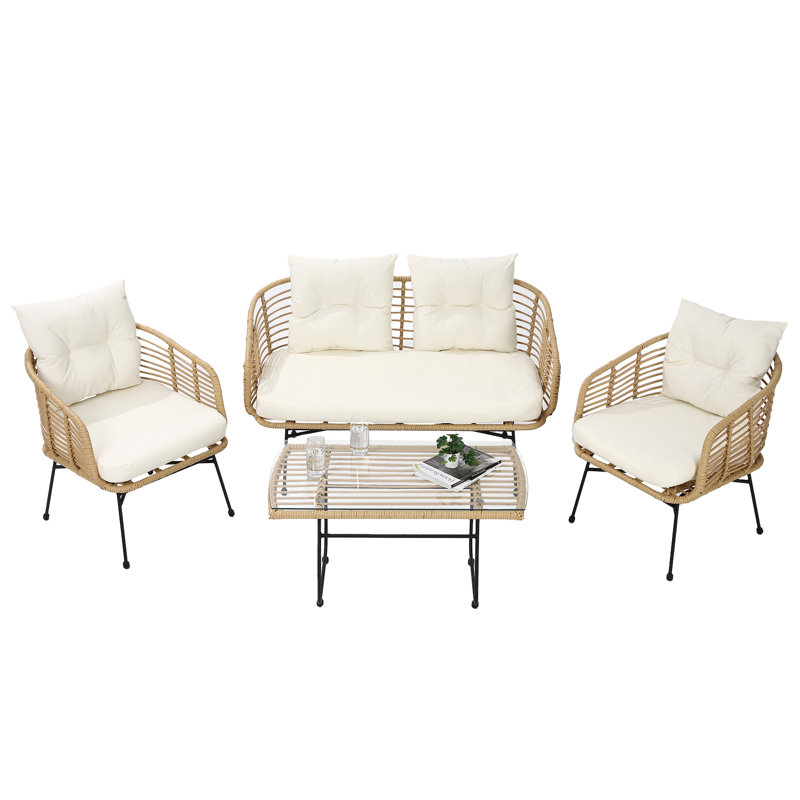 Ensemble de meubles de patio en rotin 4 pièces avec causeuse en osier et coussins pour table basse