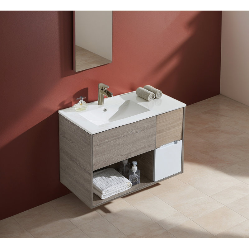 Ensemble de meuble-lavabo mural moderne et élégant de 36 po de couleur grain de bois gris