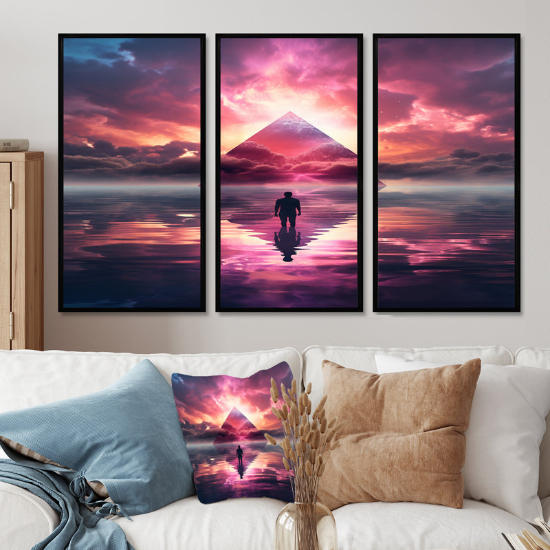Hyeon - Ensemble d'art mural paysage abstrait, Cadre flottant noir, H 32 po x l 48 po x P 1 po