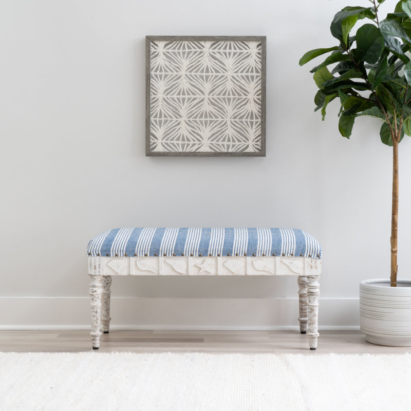 Aaryahi Coastal Carved Seashell 36” Upholstered Bench, Blue/White