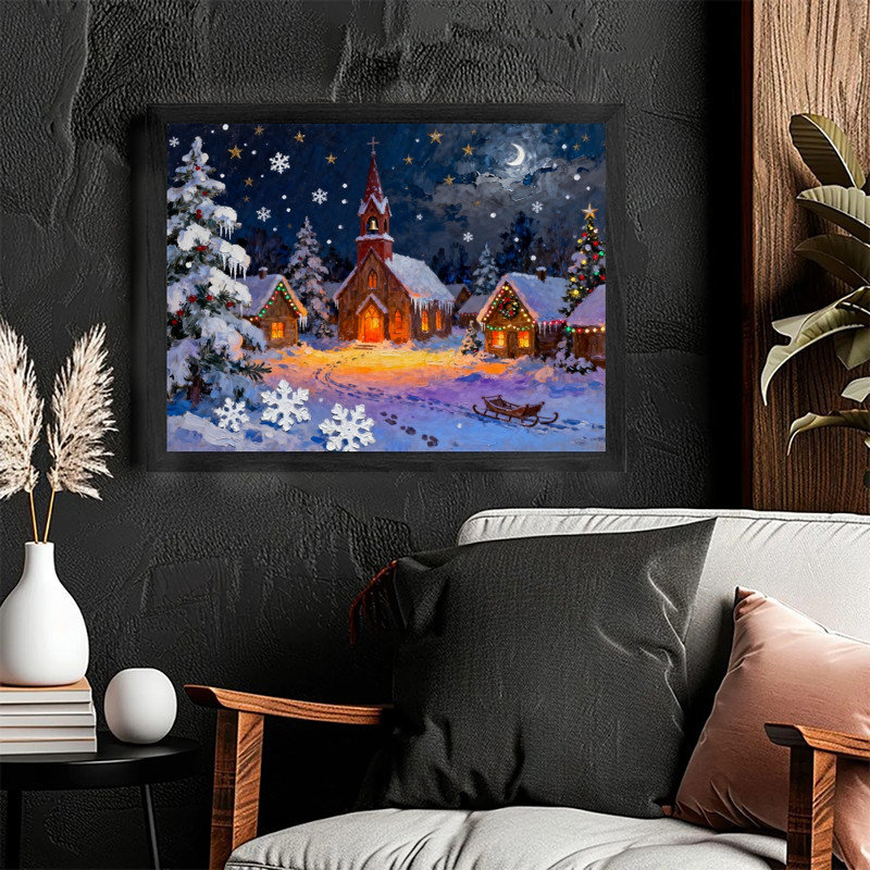 Impression sur toile encadrée noire, village de Noël impressionniste, nuit d'hiver enneigée, H 37 po x l 25 po